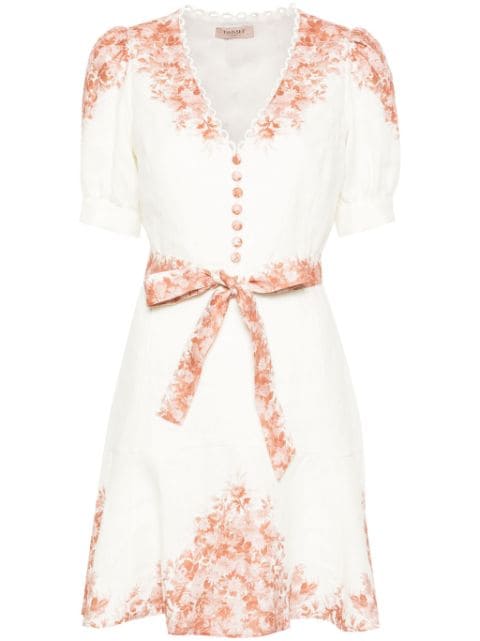 floral-print linen mini dress