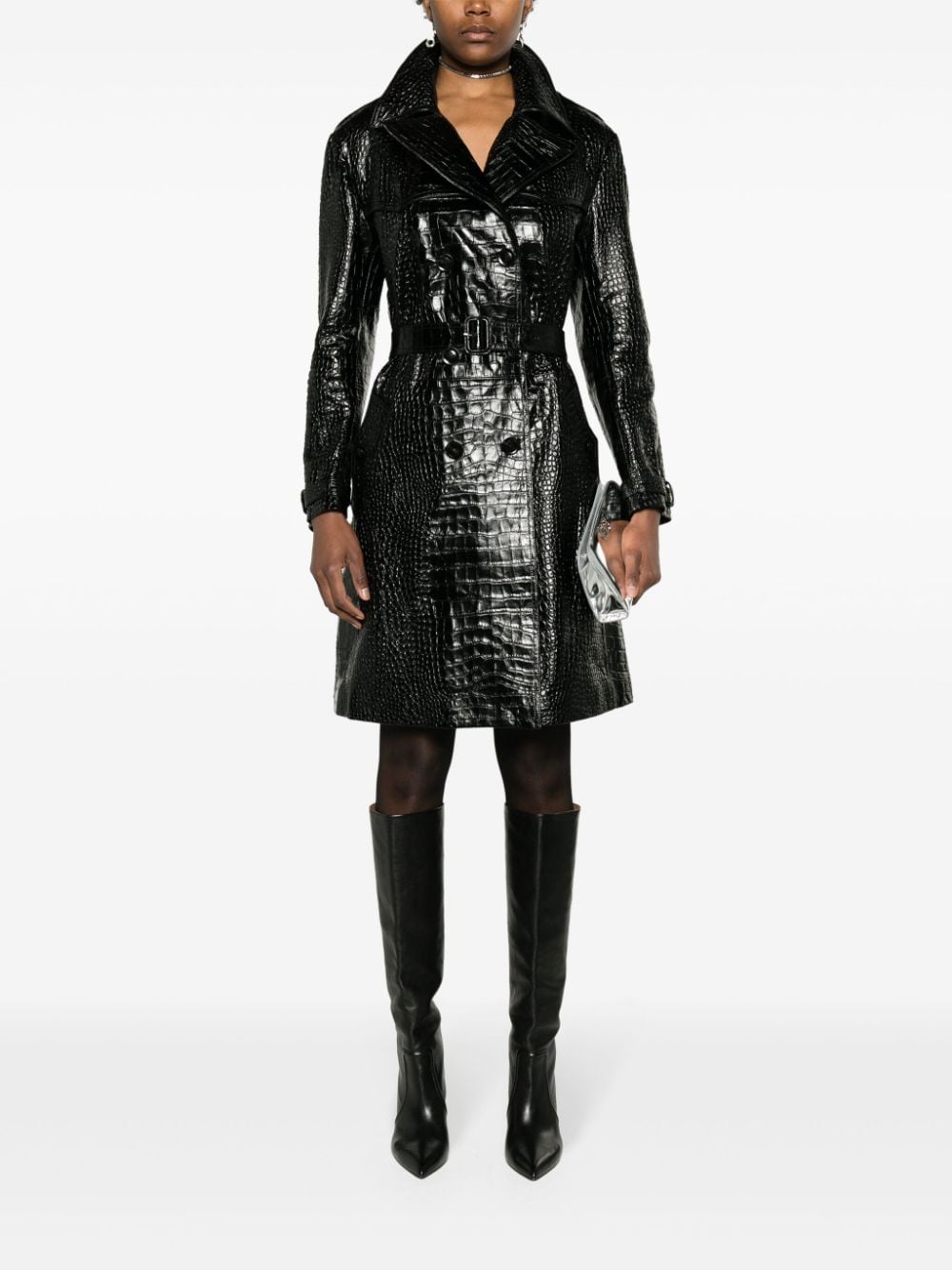Shop Tom Ford Crocodile-effect Leather Trench Coat In Black