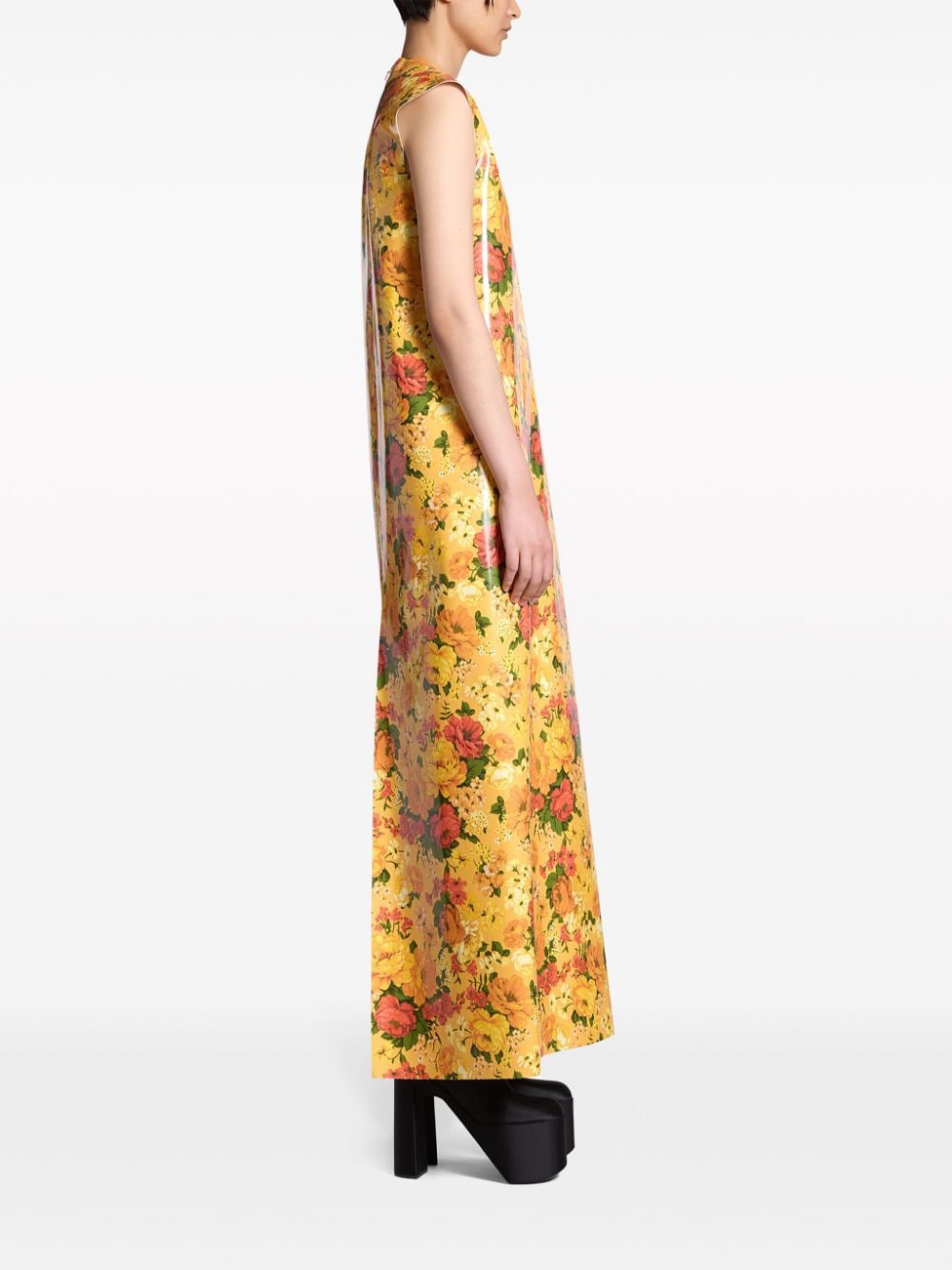Shop Balenciaga Floral-print Faux-vinyl Maxi Dresss In Orange