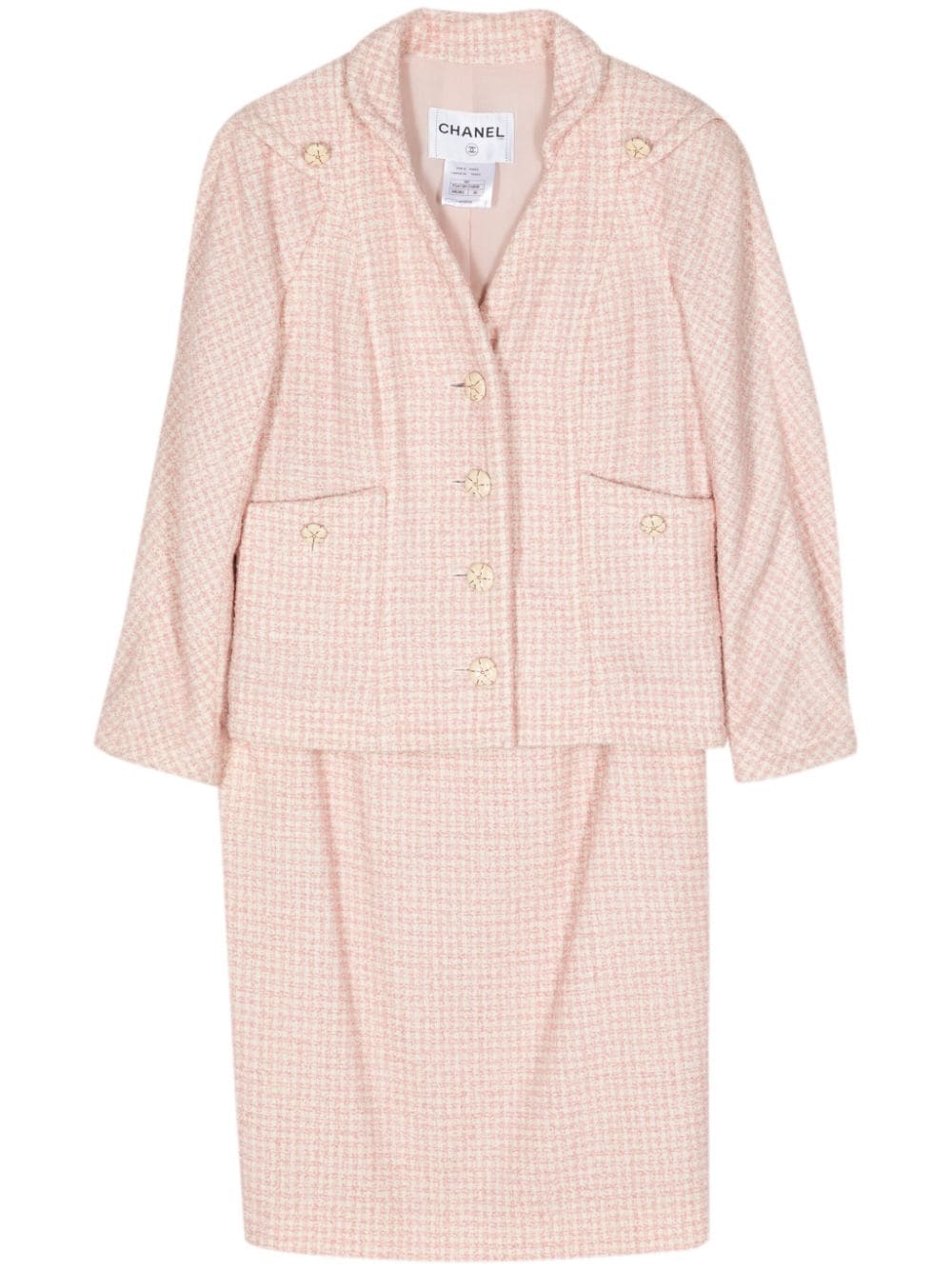 Pre-owned Chanel 2009 Camellia-button Tweed Skirt Suit In Pink