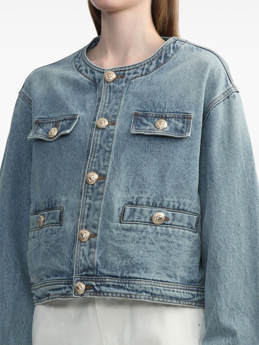 Shop Tout A Coup Collarless Denim Jacket In Blue