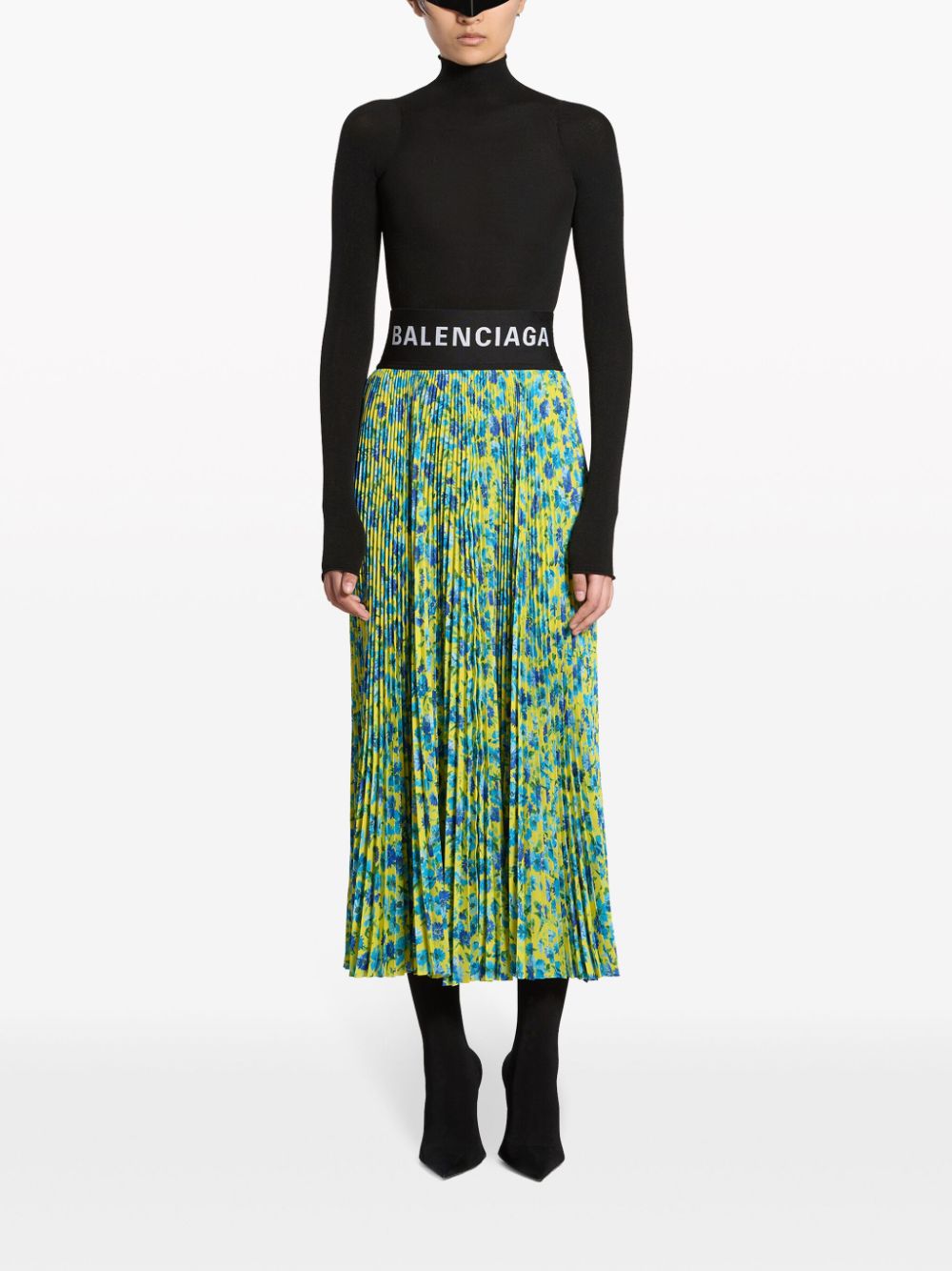 Shop Balenciaga Floral-print Pleated Midi Skirt In Blue