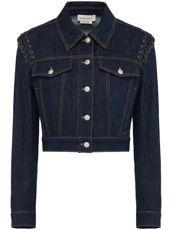 Alexander McQueen lace up Cropped Denim Jacket Blue FARFETCH TW