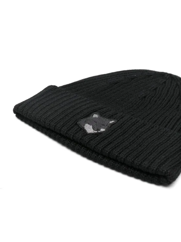 【MAISON KITSUNEBold】Bold Fox Head Beanie Black BOLD FOX HEAD PATCH RIBBED BEANIE | Maison Kitsuné