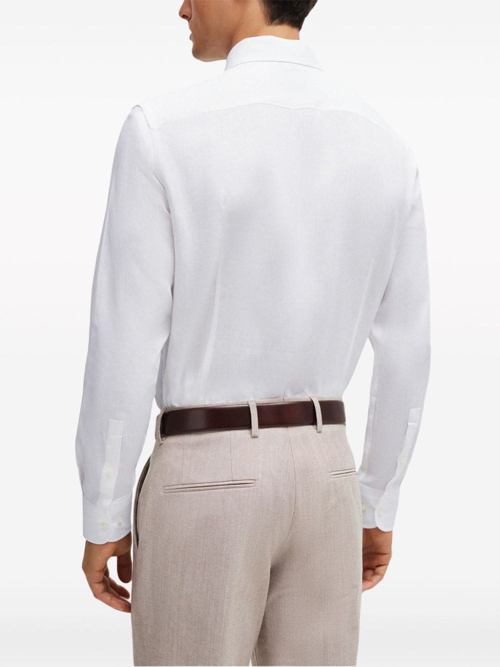 Shop Hugo Boss Spread-collar Linen Shirt In White