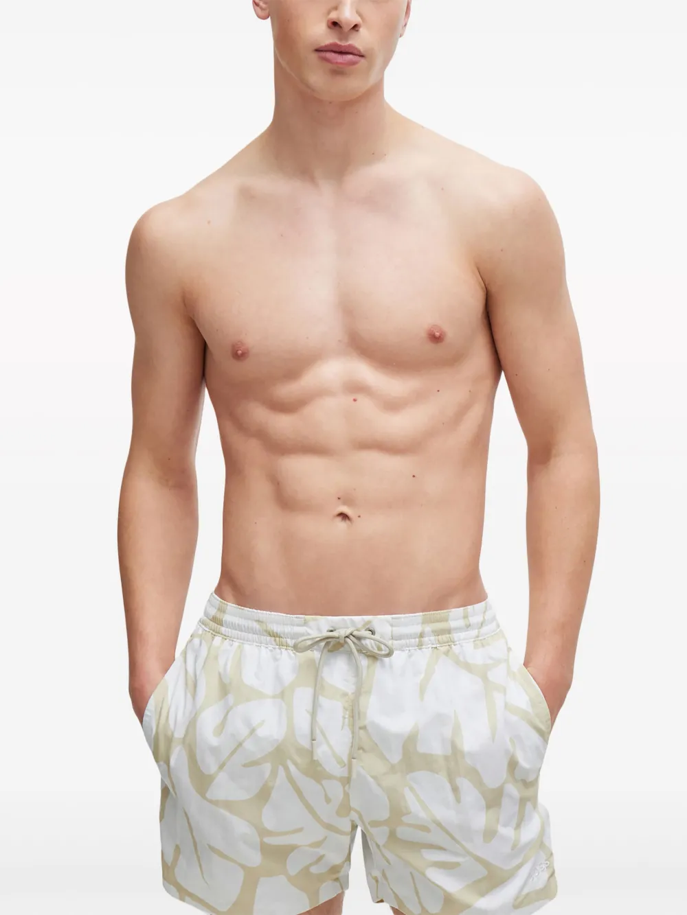 Shop Hugo Boss Leaf-print Swim Shorts In White