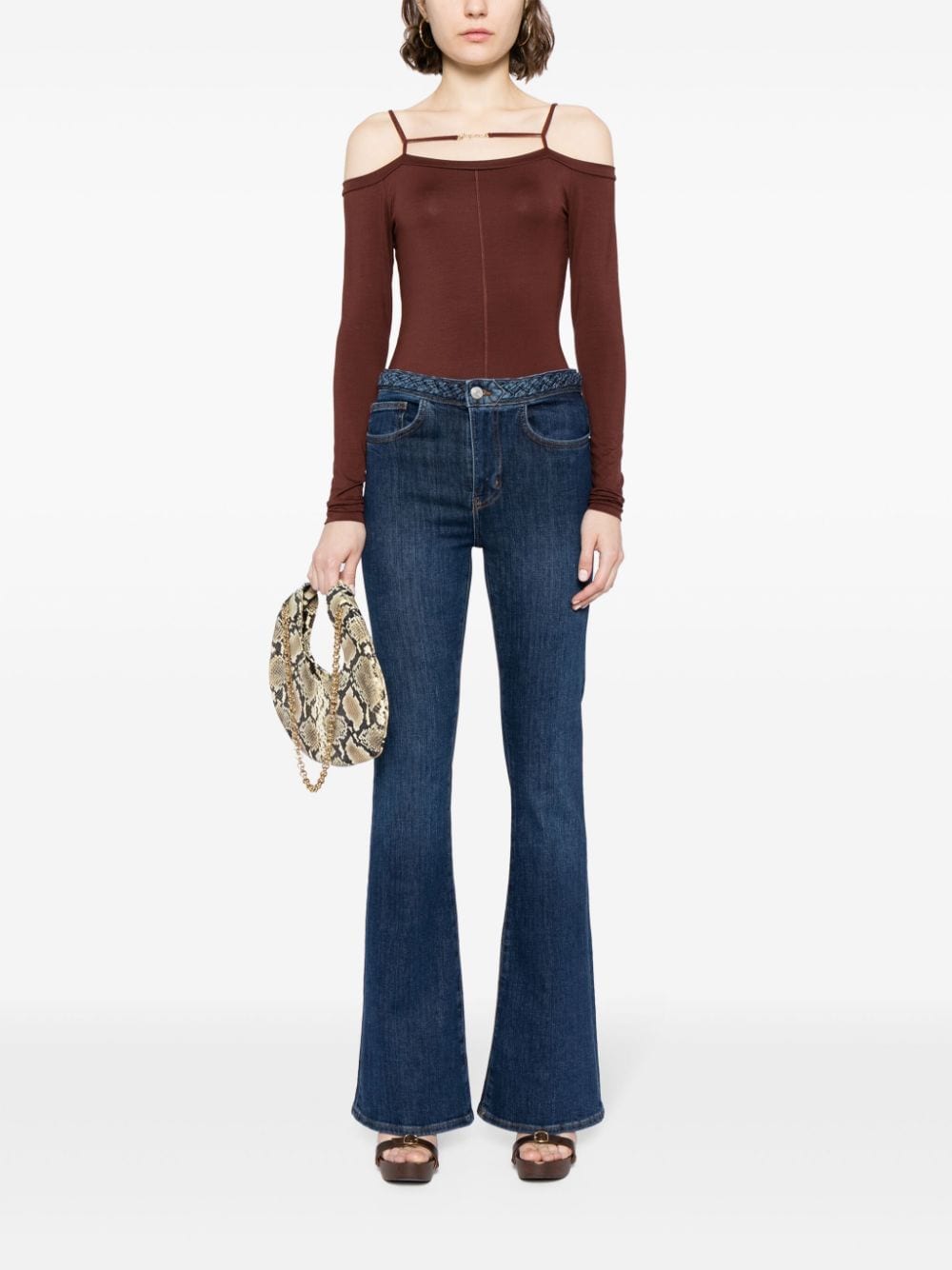 Shop Frame Le High Braided-waist Flared Jeans In Blue