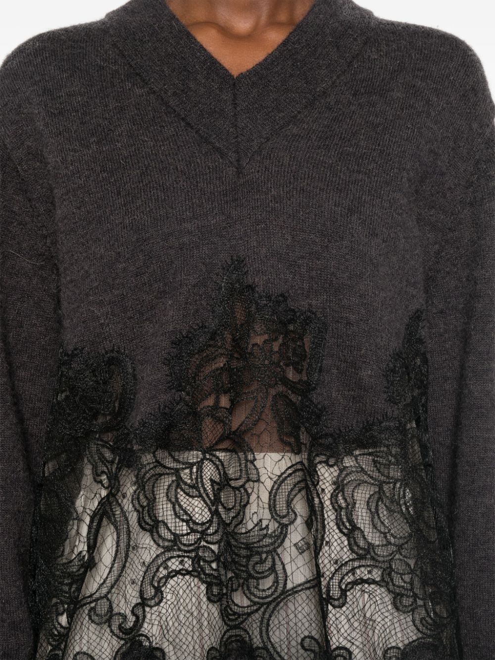 Shop Viktor & Rolf Lace-detail V-neck Jumper In Grey