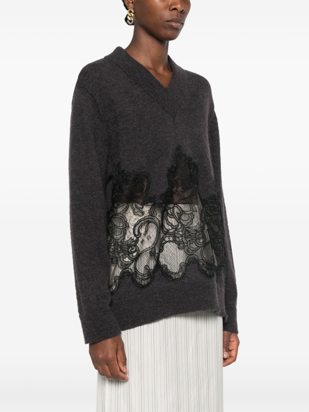 Shop Viktor & Rolf Lace-detail V-neck Jumper In Grey