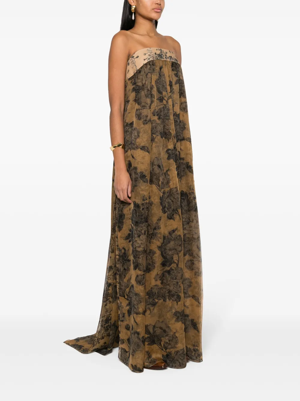 Shop Max Mara Floral-print Georgette Maxi Dress In Brown