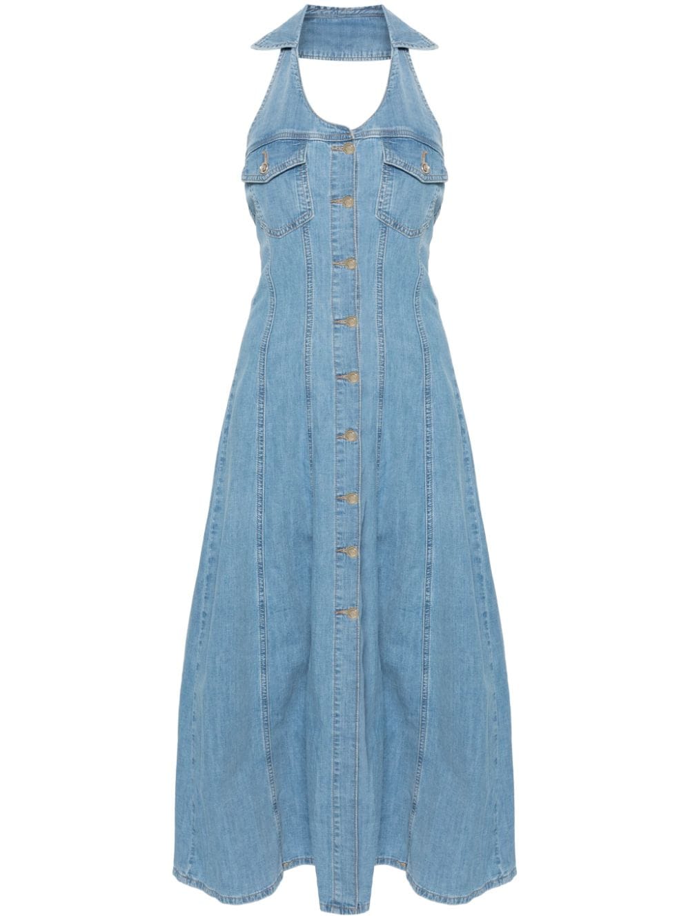 halterneck denim dress