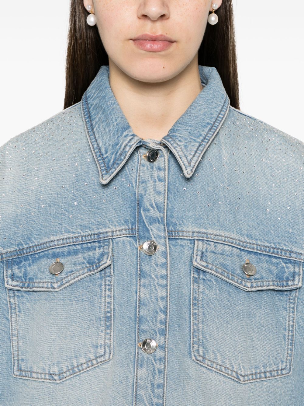 Shop Liu •jo Crystal-embellished Denim Jacket In Blue