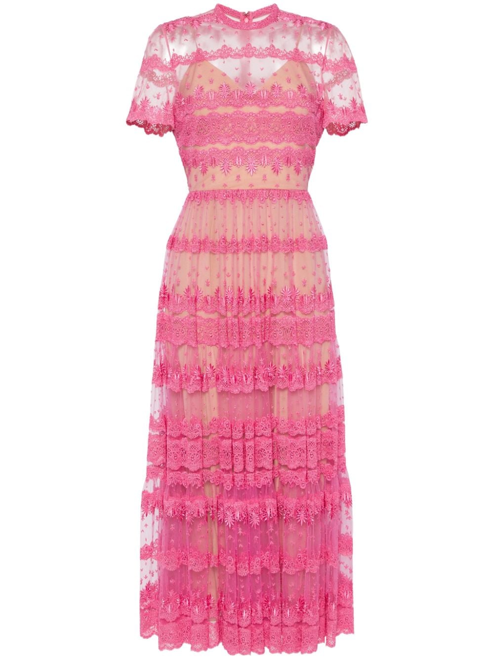 Elie Saab Embroidered Lace Midi Dress In Pink