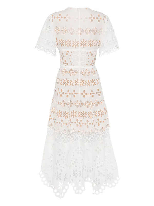 Elie Saab Broderie Anglaise Midi Dress | White | FARFETCH GE