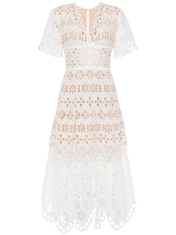 knee length dresses for ladies White Sweetheart Broderie Anglaise Midi Dress Detachable Sleeves | British  Made main image 0