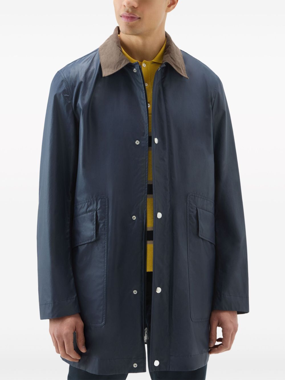 Shop Woolrich Hooded Waxed Coat In Blue