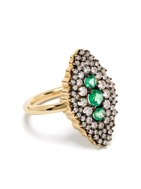 LEANDRA anillo Maxi Lanzadera en oro amarillo de 18kt con diamantes y esmeralda