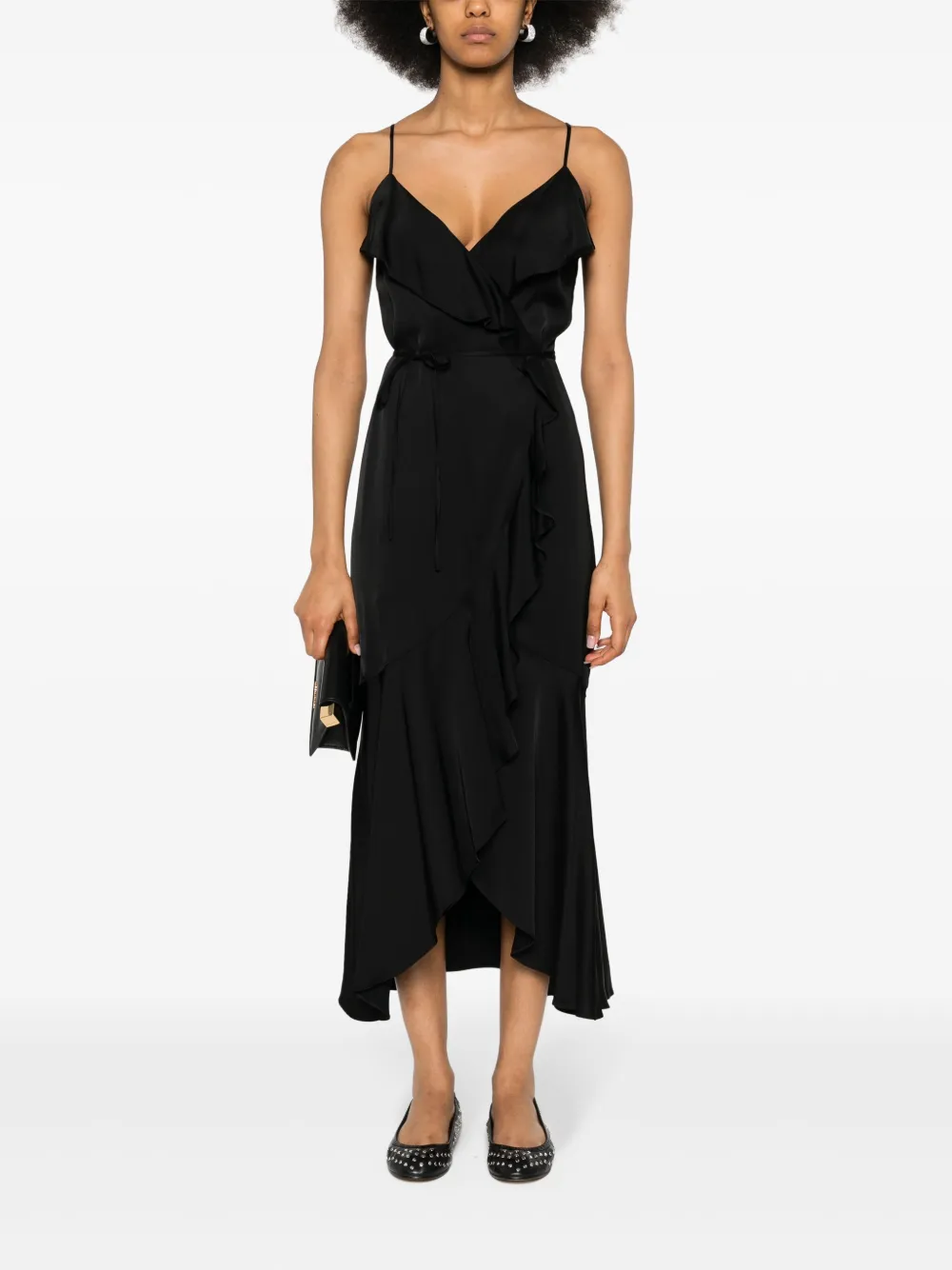 Shop Twinset Ruffled-detail Satin Midi Dress In Black