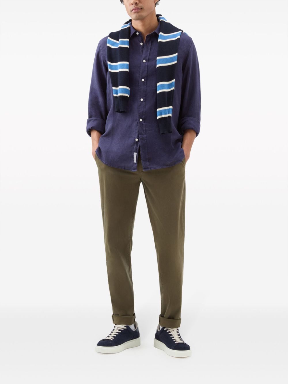 Shop Woolrich Point-collar Linen Shirt In Blue