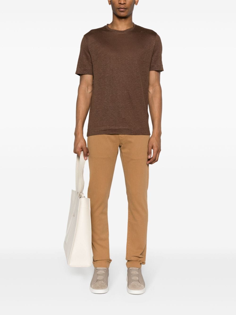 Shop Jacob Cohen Slim-cut Piqué Trousers In Brown