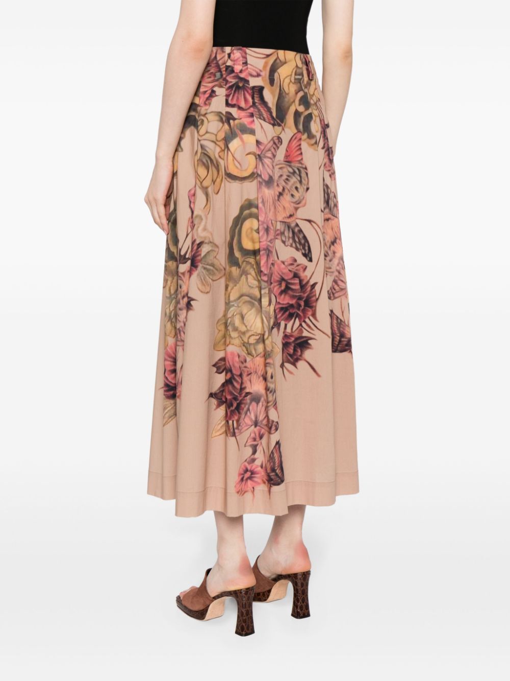 Shop Alberta Ferretti Pleated Floral-print Midi Skirt In Brown