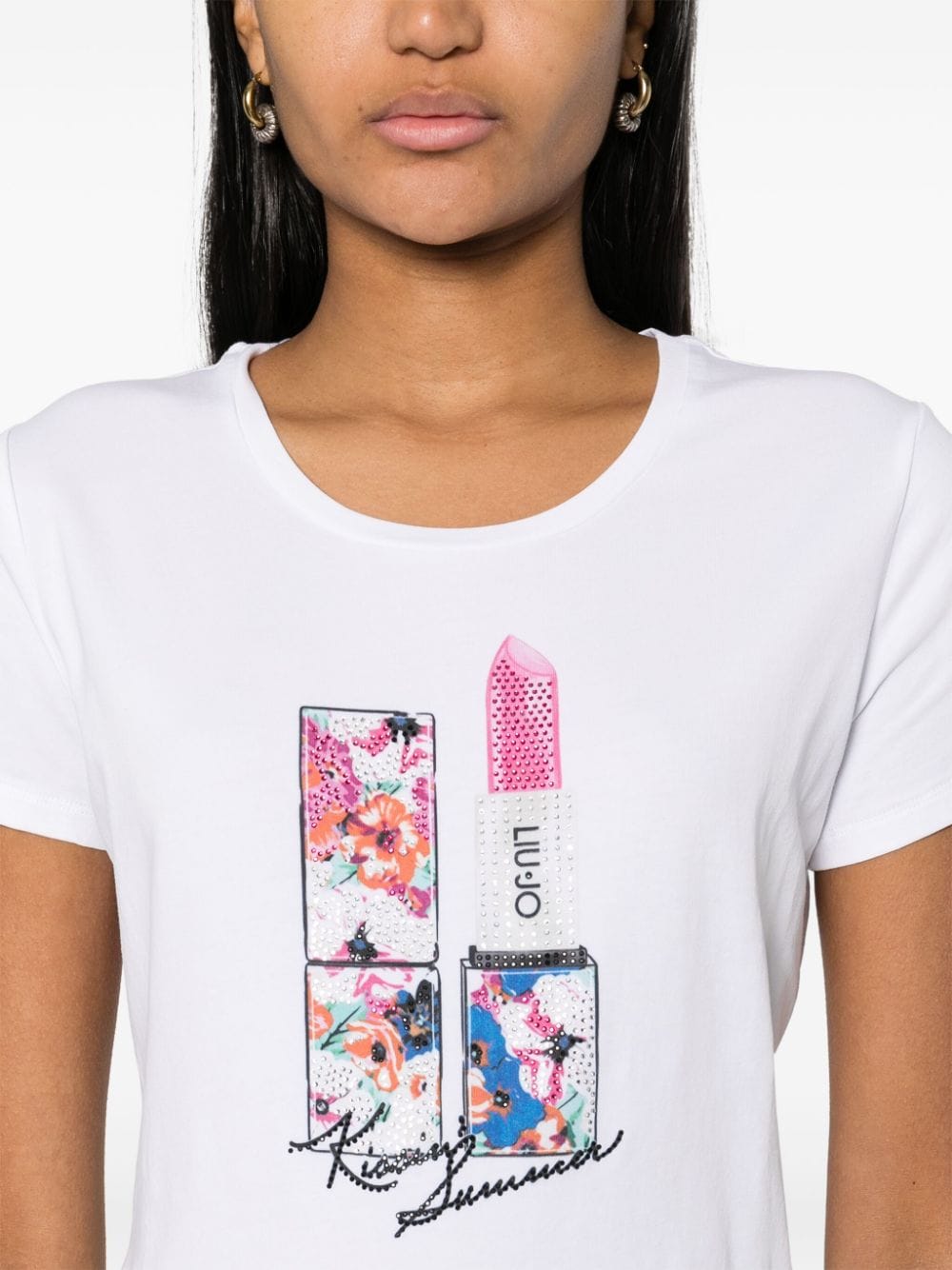Shop Liu •jo Lipstick-print Cotton T-shirt In White