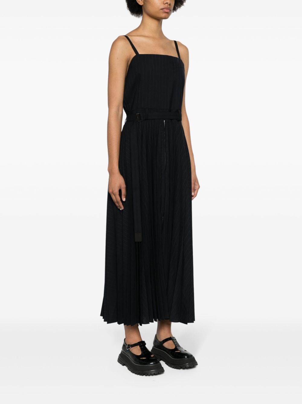 Shop Sacai Pinstriped Pleated Maxi Dress In Black