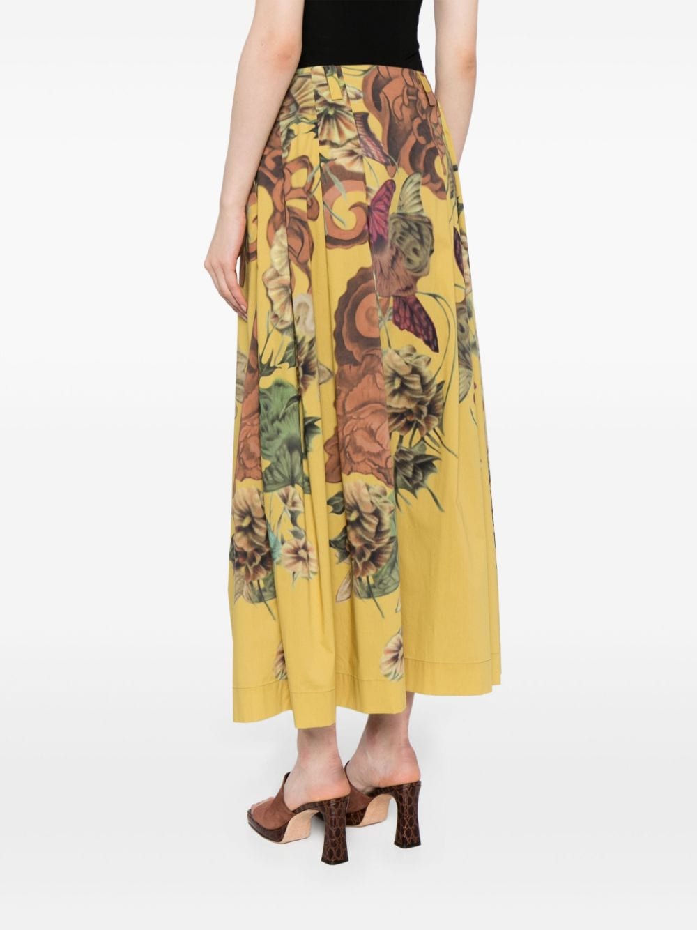 Shop Alberta Ferretti Pleated Floral-print Midi Skirt In Yellow