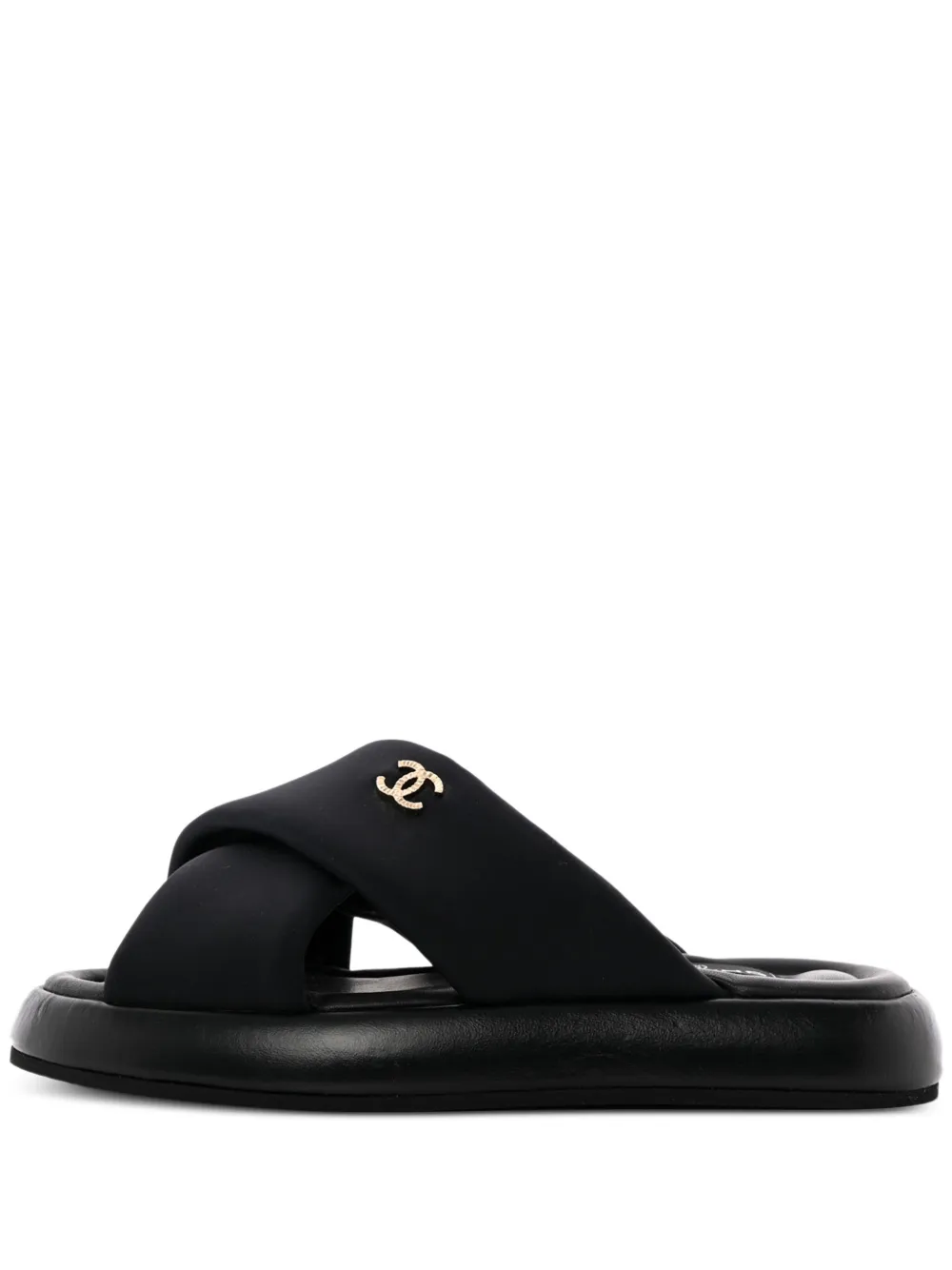 Pre-owned Chanel Cc Criss-cross Pool Slides In Black