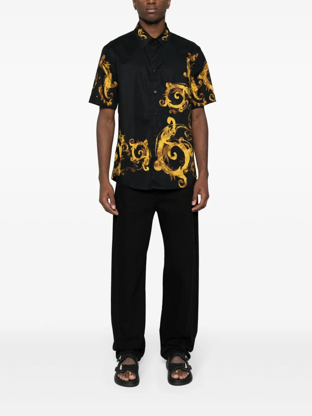 Shop Versace Jeans Couture Watercolor Couture-print Cotton Shirt In Black