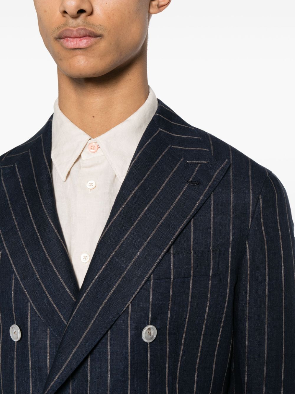 Shop Barba Pinstriped Linen Double-breasted Blazer In Blue