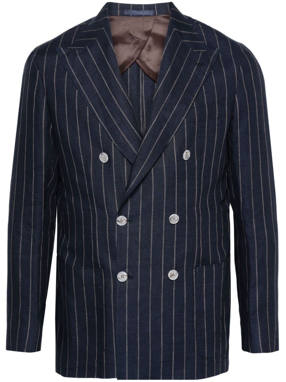 pinstriped linen double-breasted blazer
