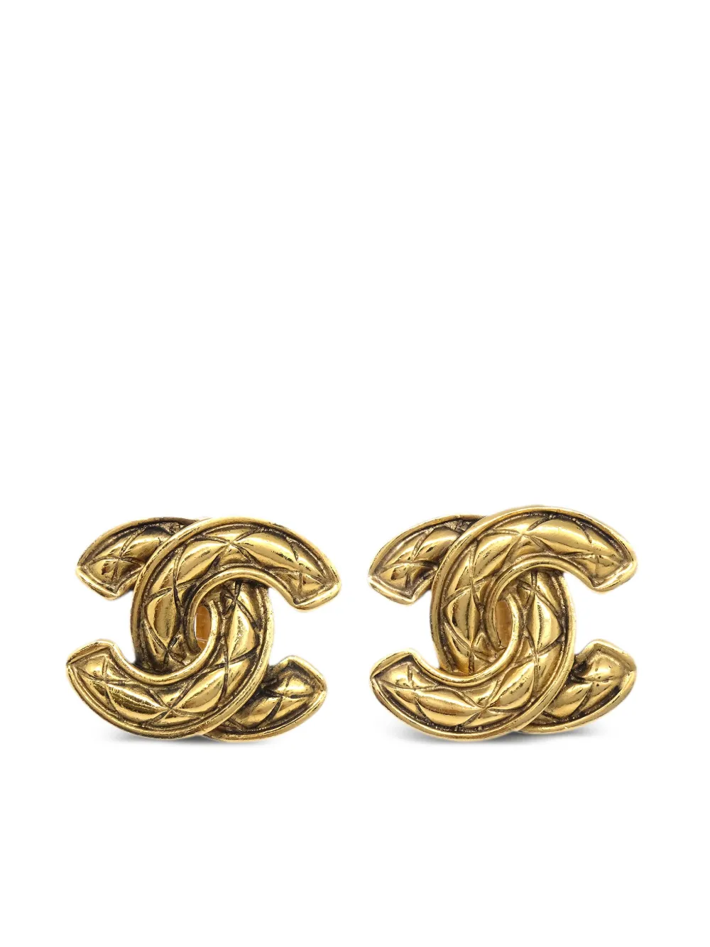 Pre-owned Chanel 1980-1990 Diamond-embossed Cc-logo Clip-on Earrings In Gold
