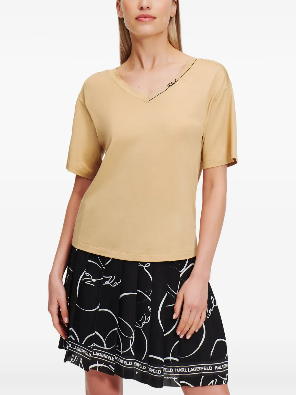 Karl Lagerfeld Signature T-shirt met V-hals Beige
