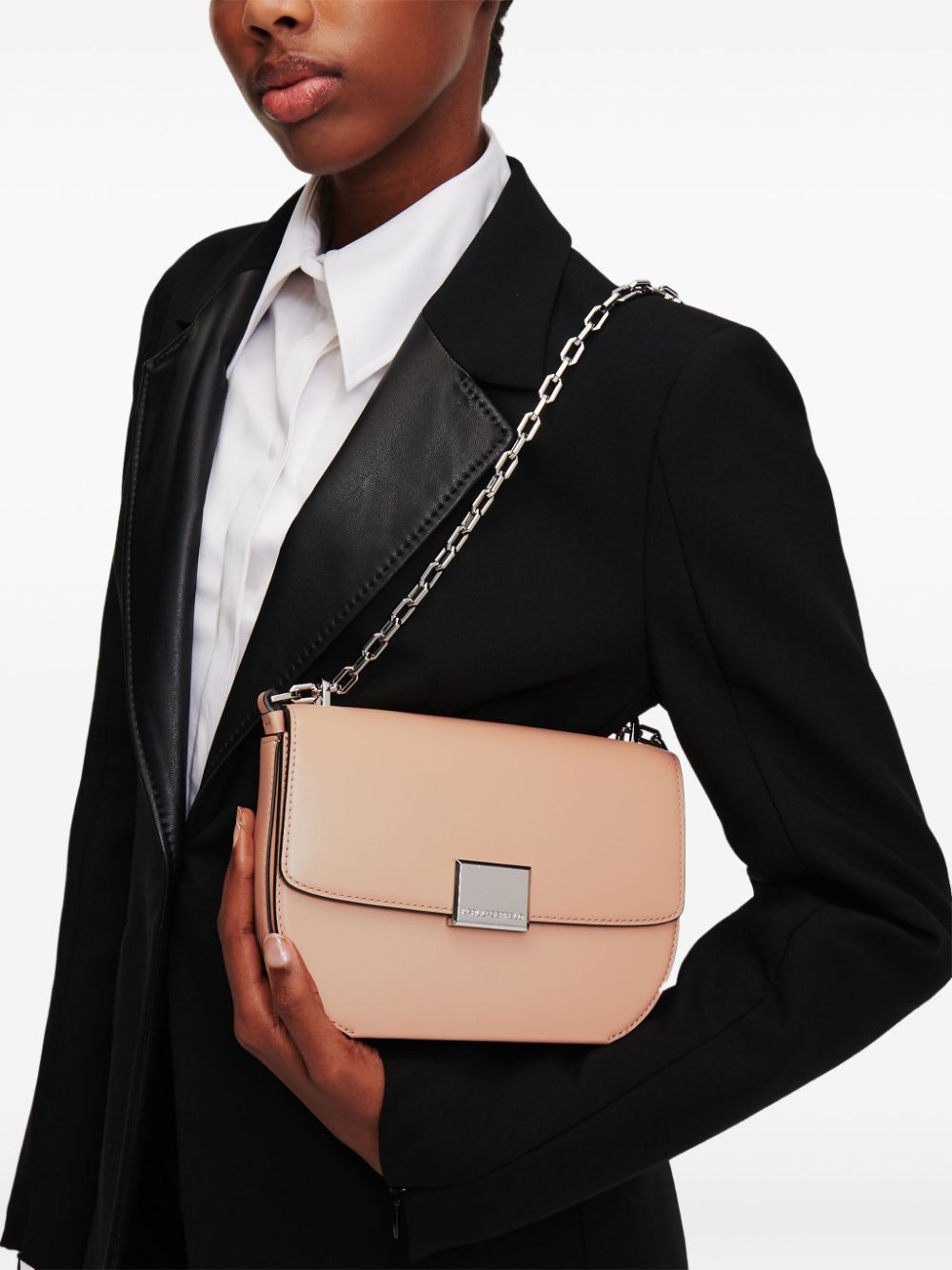 Shop Karl Lagerfeld Logo-engraved-buckle Leather Shoulder Bag In Neutrals