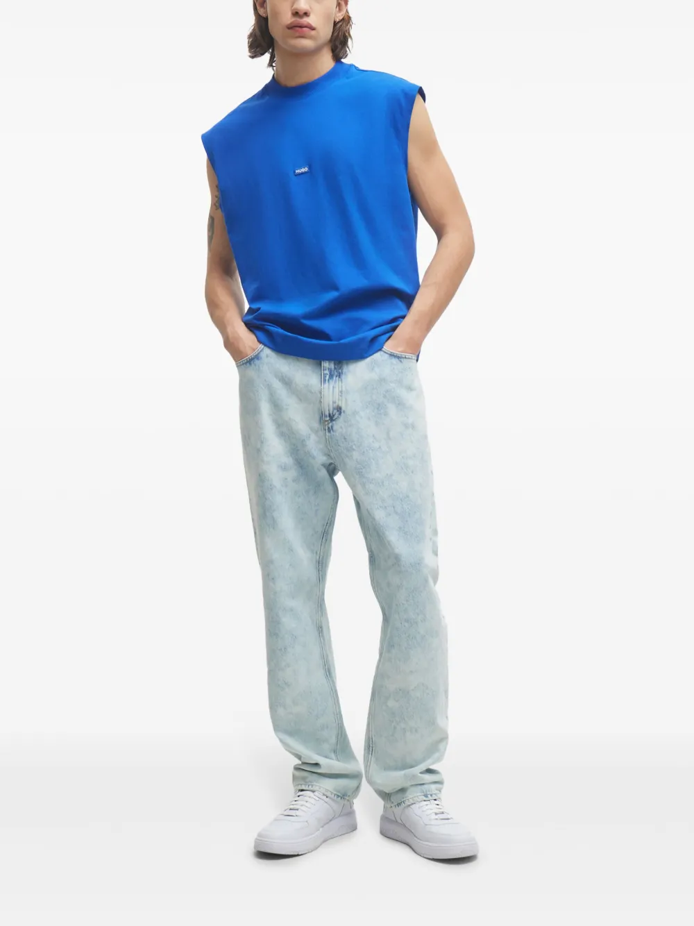 HUGO Straight jeans met acid wassing - Blauw