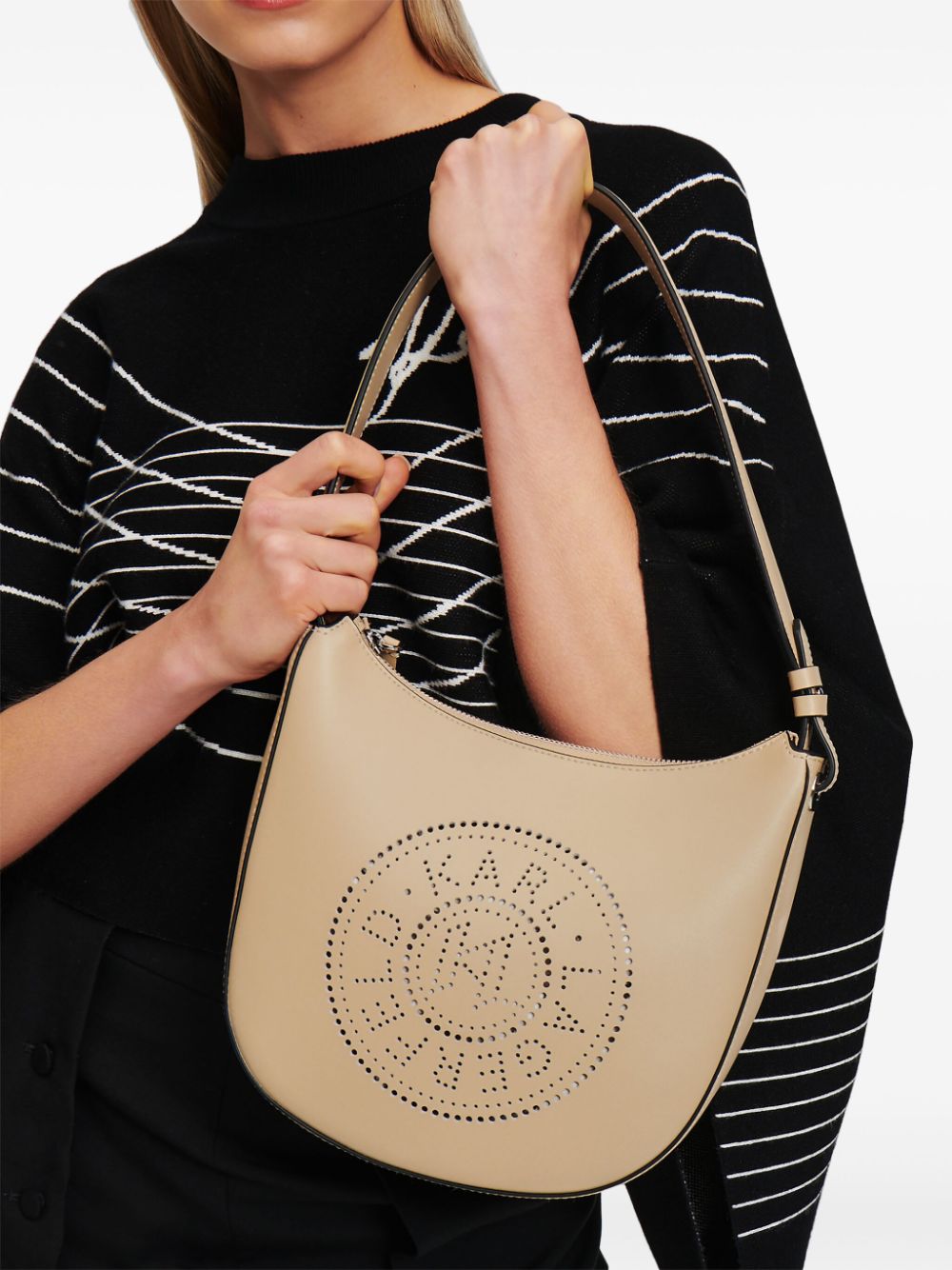 Shop Karl Lagerfeld K/circle Moon Perforated-logo Shoulder Bag In Neutrals