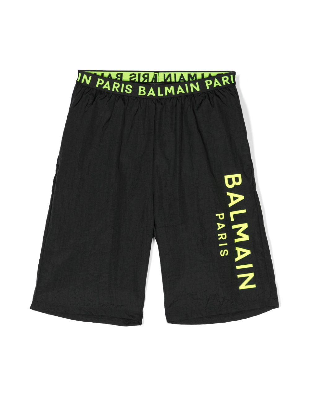 Balmain Kids' Logo-print Crinkled Swim Shorts In Black