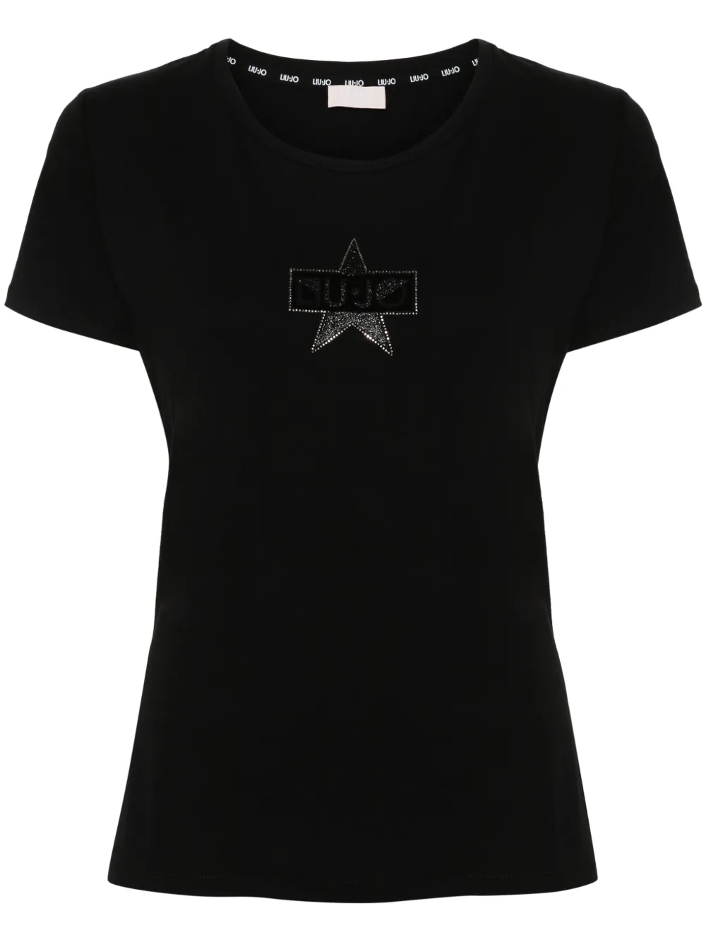 Liu •jo Crystal-embellished Logo-tape T-shirt In Black