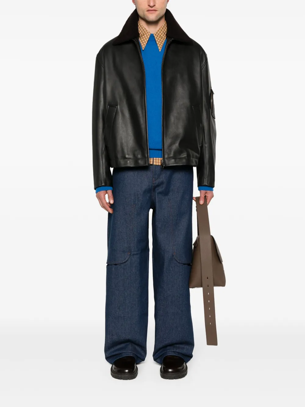 Shop Loewe Shearling-collar Leather Jacket In Black