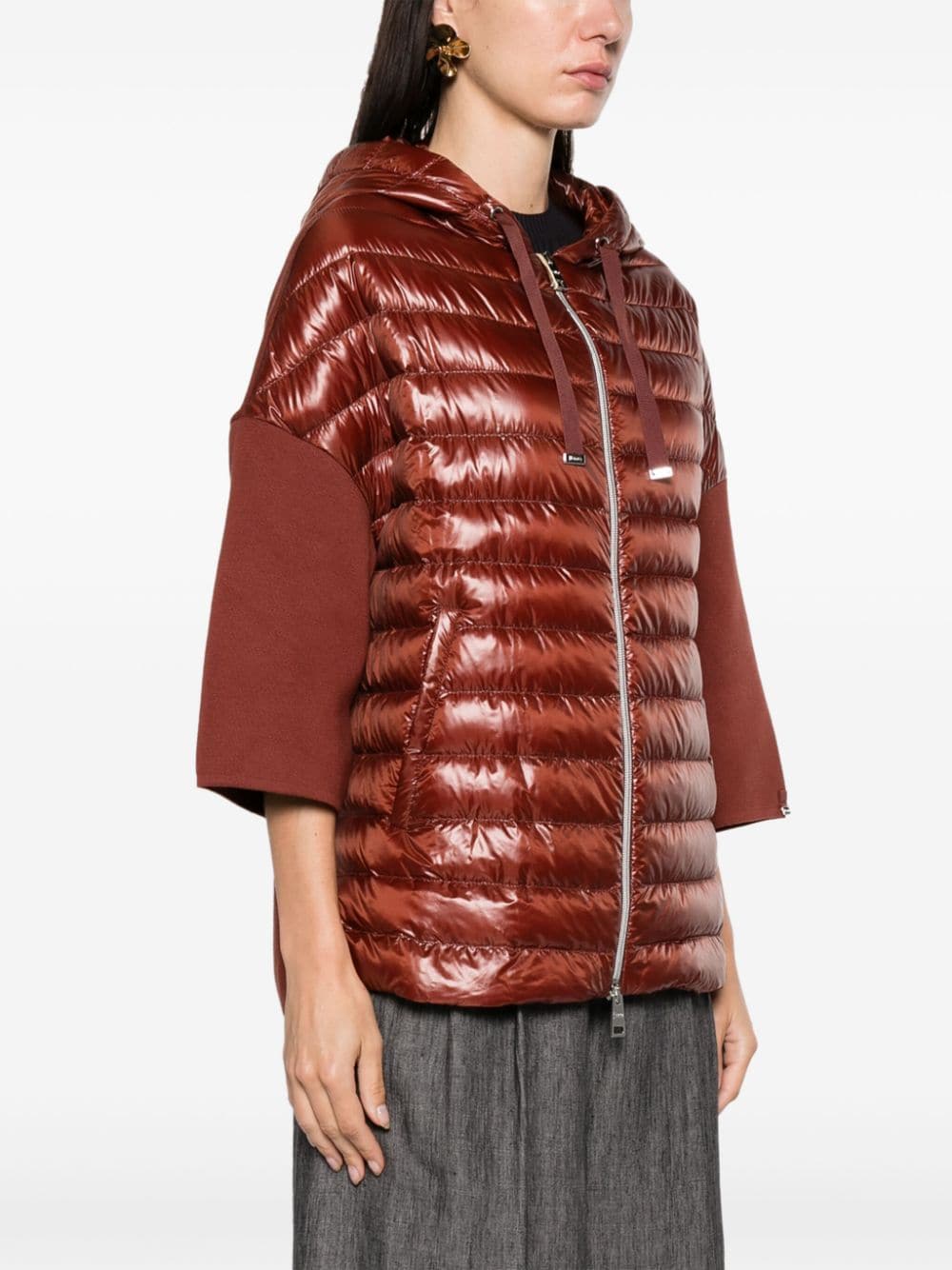 Shop Herno Knitted-panels Hooded Puffer Jacket In Brown