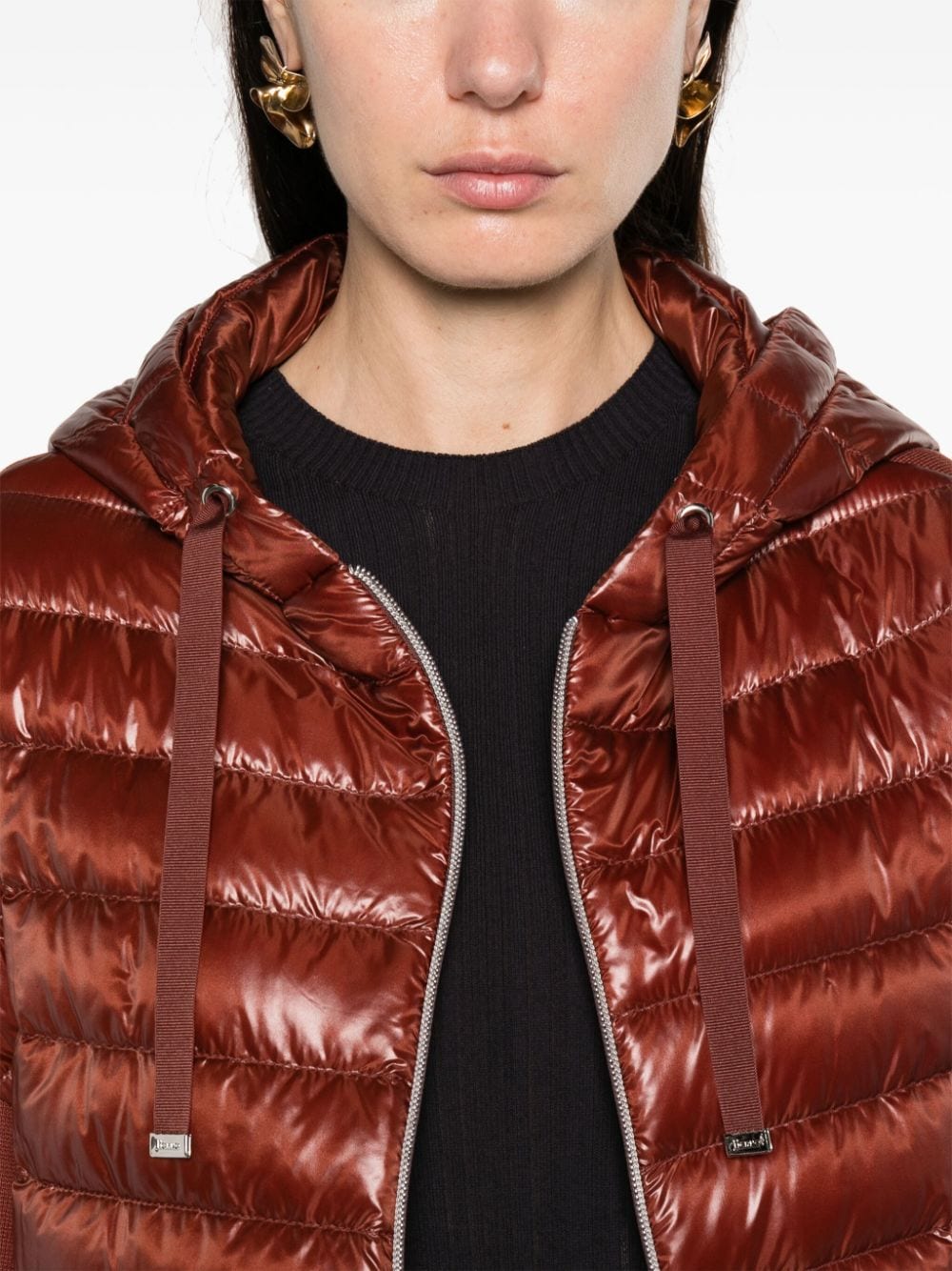 Shop Herno Knitted-panels Hooded Puffer Jacket In Brown