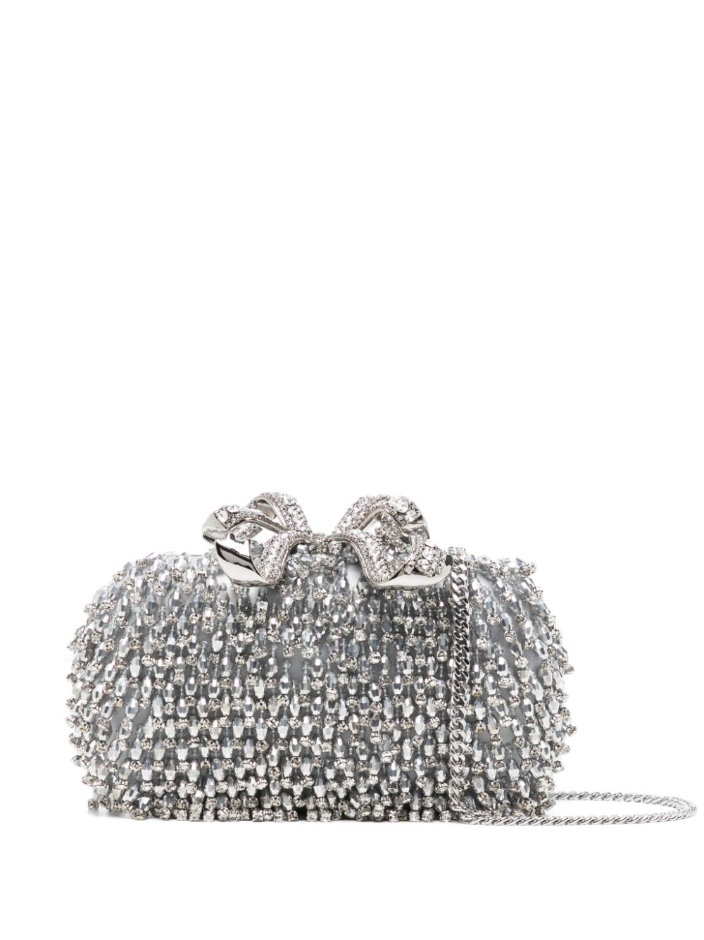 Shop Self-portrait Bow Bead-embellished Clutch Bag In Silver