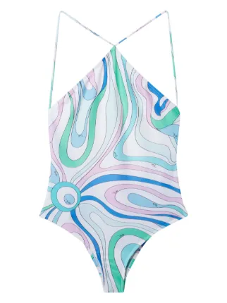 PUCCI Marmo-print Halterneck Swimsuit | White | FARFETCH