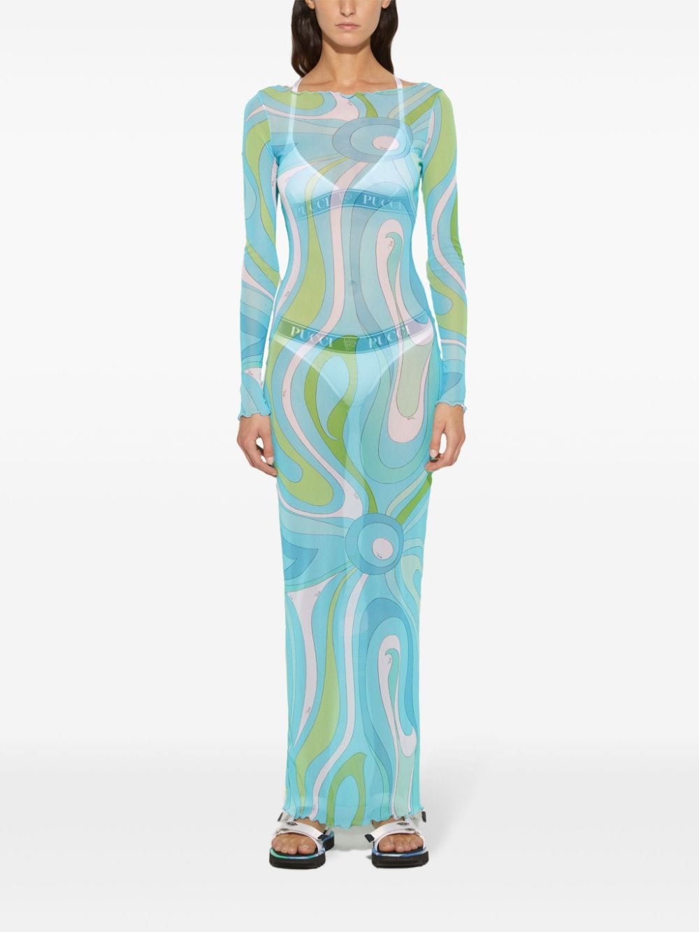 PUCCI Marmo-print semi-sheer maxi dress - Blauw