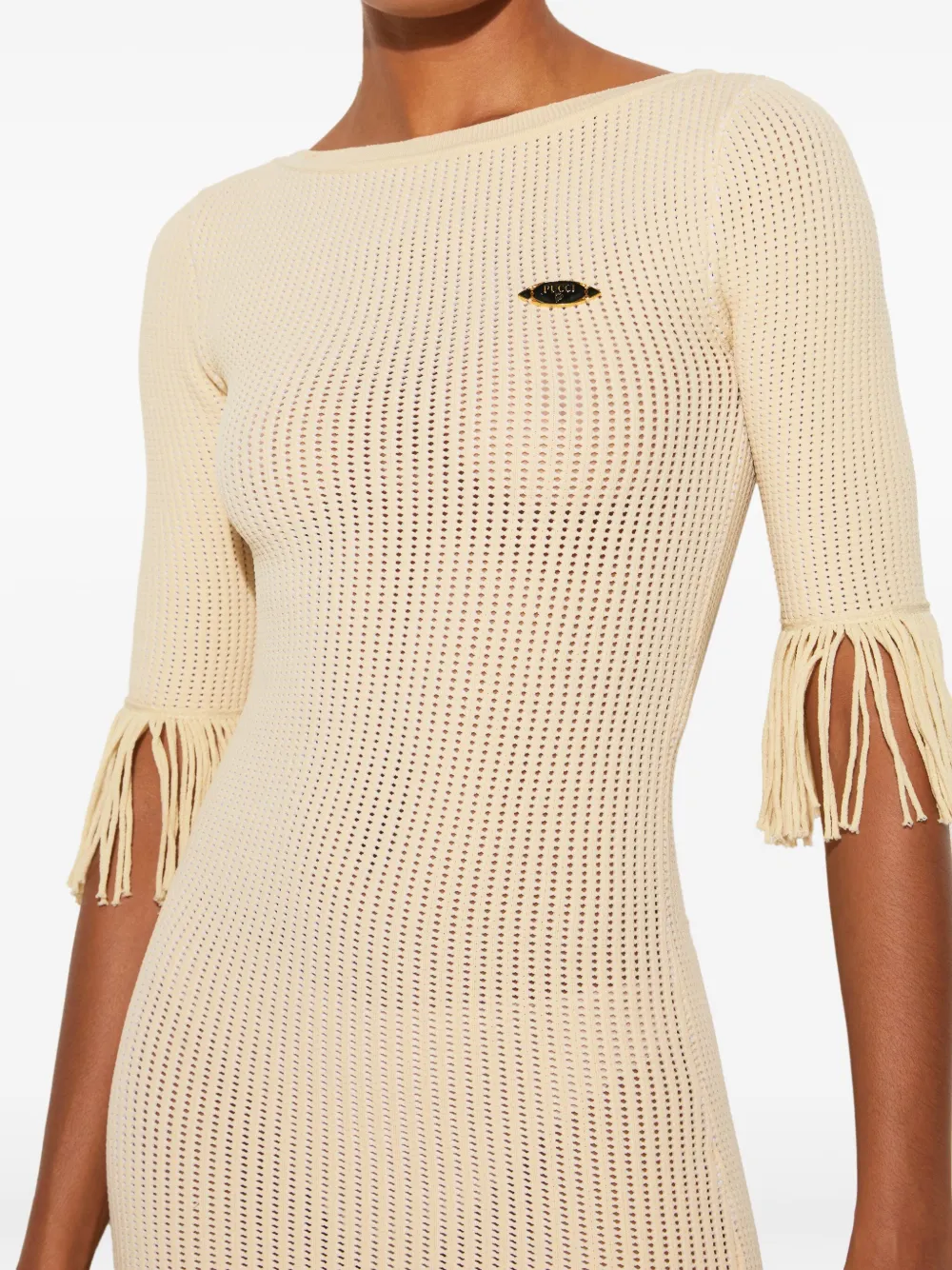 Pucci Logo-plaque Fringed Mini Dress In Neutral