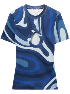 Tunique Vintage Emilio Pucci - Motif Intégral, Manches Longues, Ourlet Ruban Bleu Et Blanc - Occasion Très Bon état