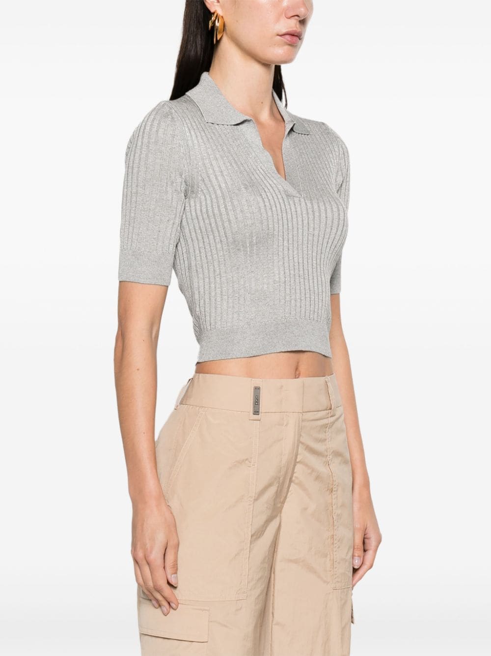 Shop Peserico Cropped Ribbed Polo Jumper In Grey