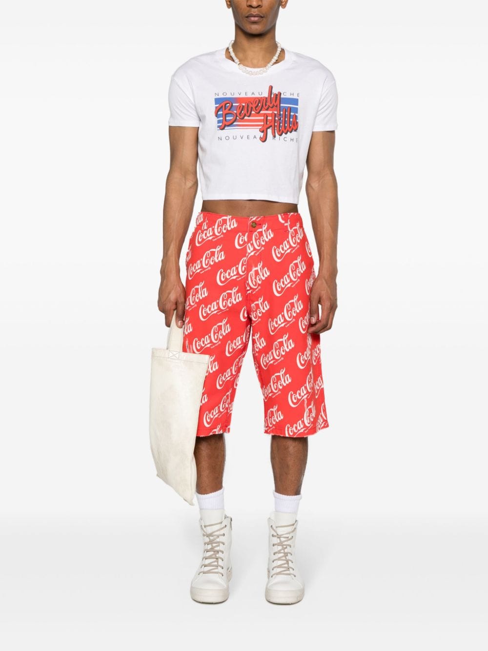 Shop Erl Coca-cola Print Cotton Shorts In Red
