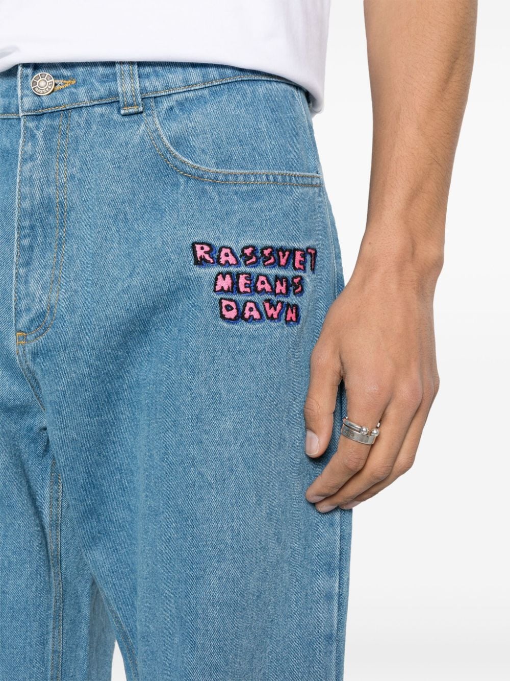 Shop Rassvet Slogan-embroidered Wide Jeans In 蓝色